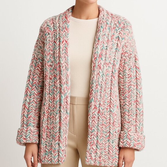 Women's Luxury Chunky Crochet Cardigan Multicolor Pastel Size L/XL - Picture 1 of 5